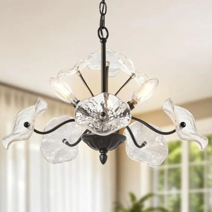 Flower Glass 6-Light Chandelier, Mid-Century Petal Shades — Brass, Black or Nickel