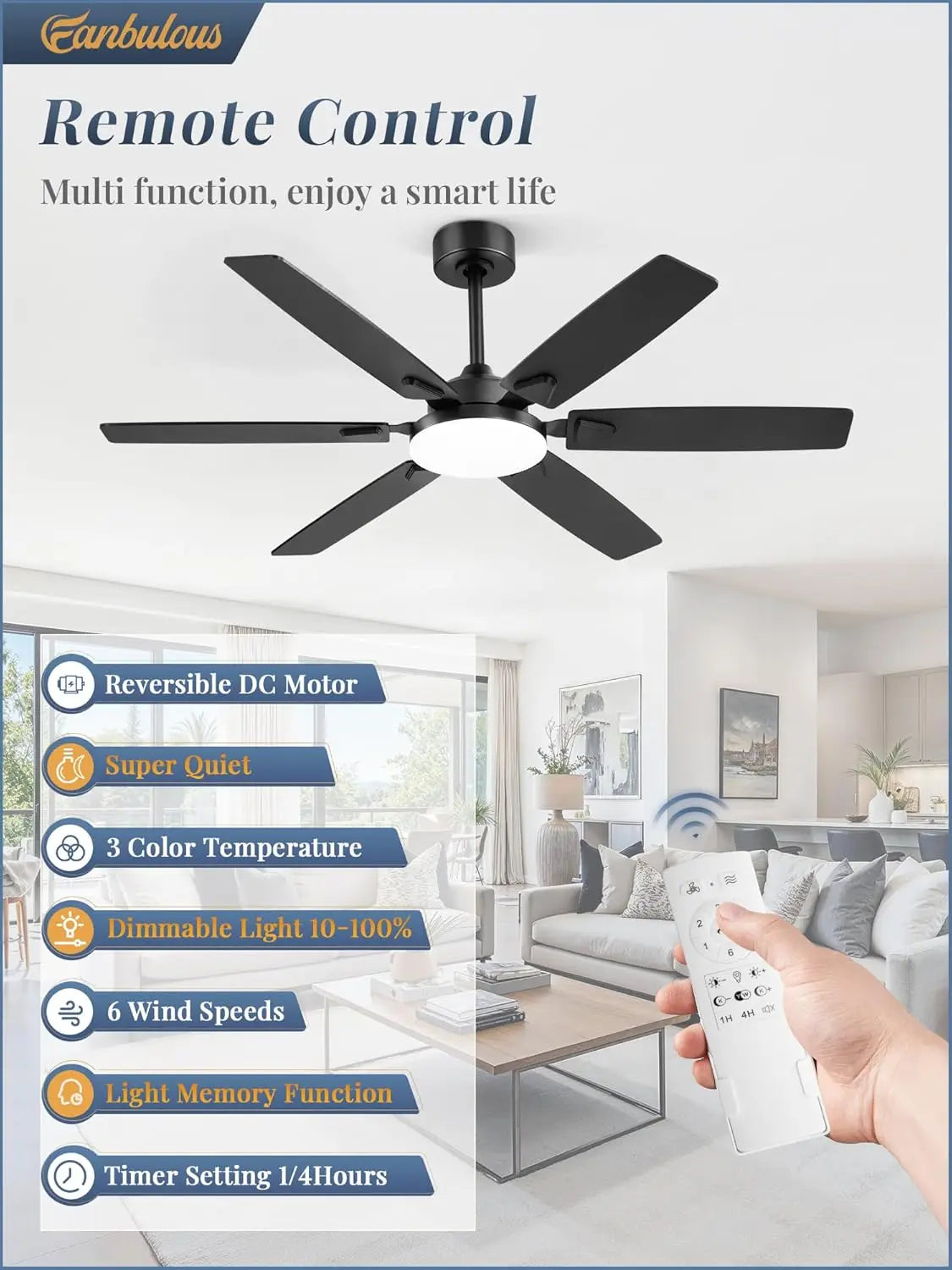 52" DC Ceiling Fan with LED Light and Remote, Indoor/Outdoor