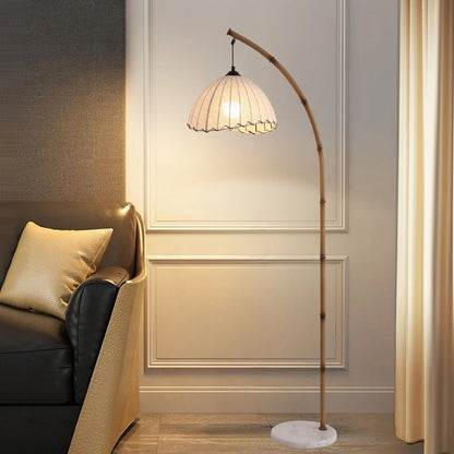 Pleated Fabric Arc Floor Lamp, Bamboo Arm with Marble Base