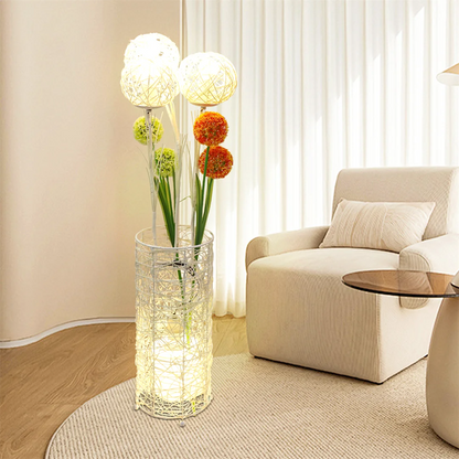 Rattan Floor Lamp, Tall Standing Lantern with Dandelion Flowers or Rattan Balls