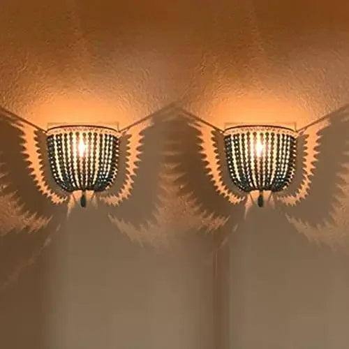 Wood Bead Wall Sconce, Boho Basket Shade