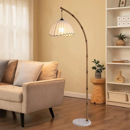 Pleated Fabric Arc Floor Lamp, Bamboo Arm with Marble Base
