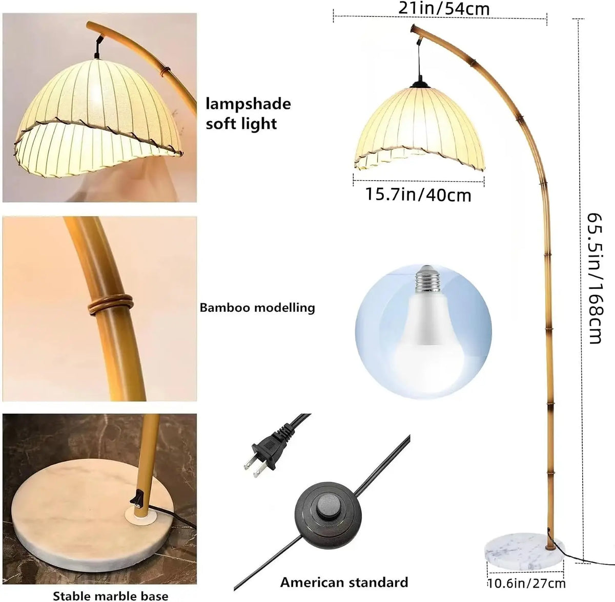 Pleated Fabric Arc Floor Lamp, Bamboo Arm with Marble Base