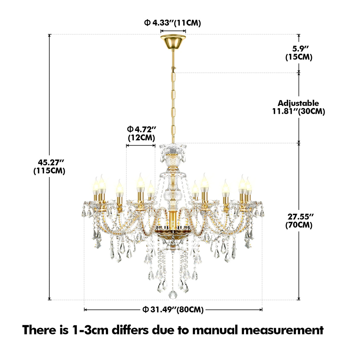 10-Arm K9 Crystal Candle Chandelier, Adjustable Chain