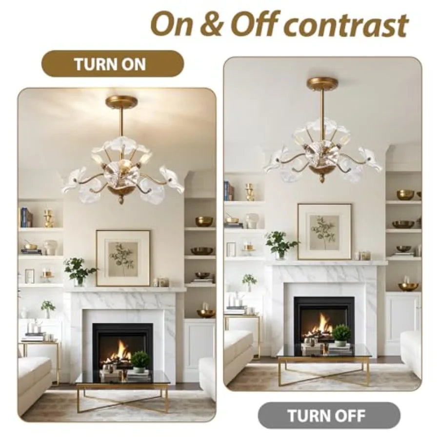 Flower Glass 6-Light Chandelier, Mid-Century Petal Shades — Brass, Black or Nickel