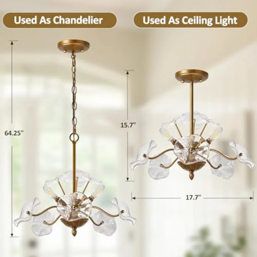 Flower Glass 6-Light Chandelier, Mid-Century Petal Shades — Brass, Black or Nickel