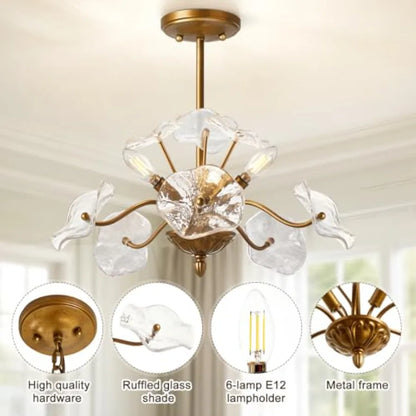Flower Glass 6-Light Chandelier, Mid-Century Petal Shades — Brass, Black or Nickel
