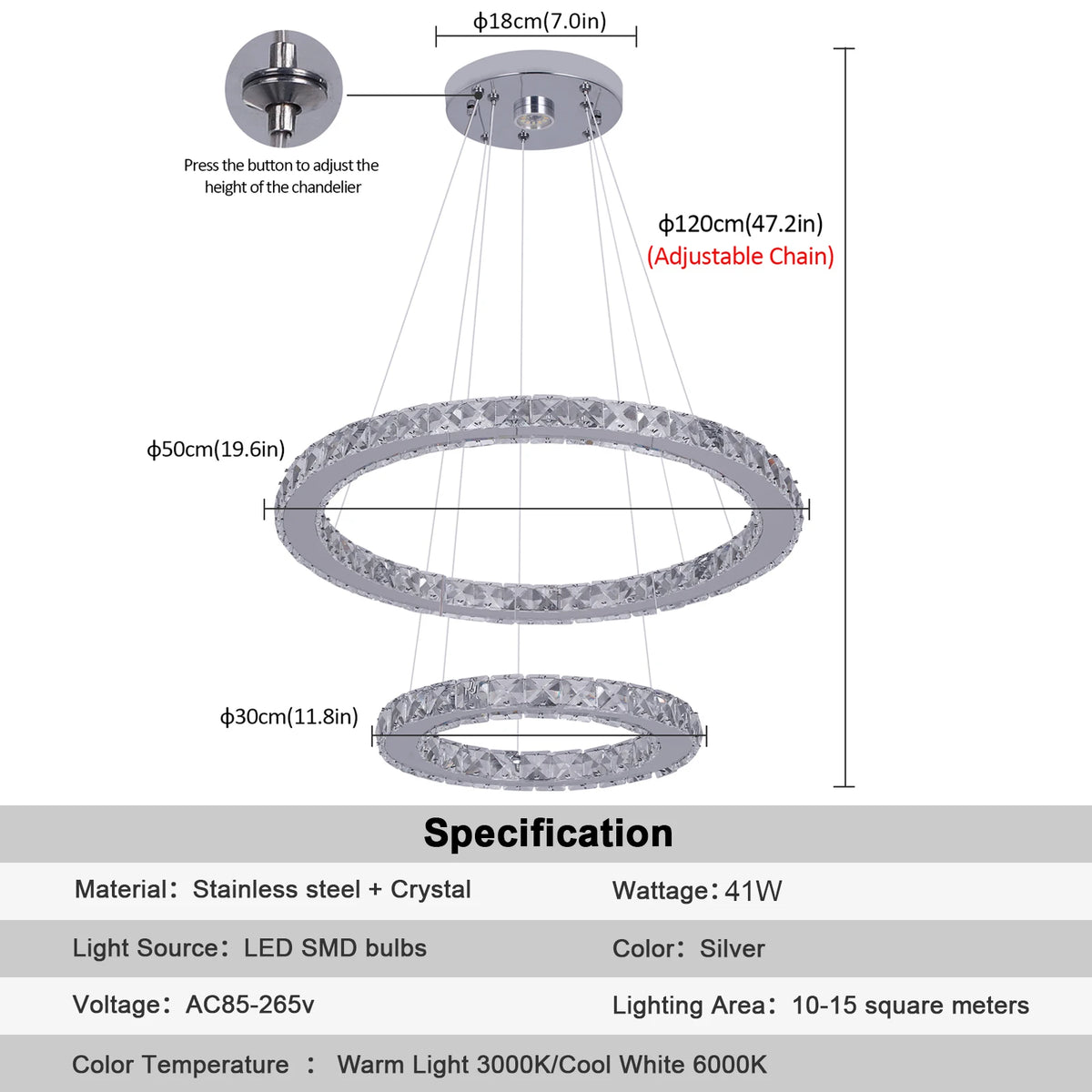 2-Ring Crystal LED Pendant Chandelier
