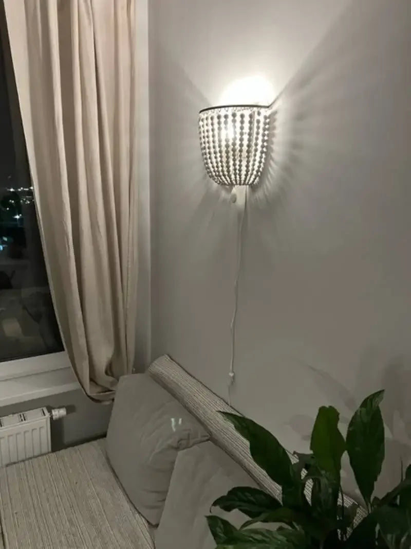 Wood Bead Wall Sconce, Boho Basket Shade