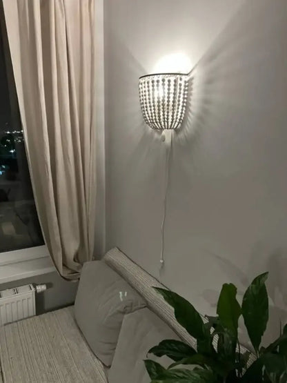 Wood Bead Wall Sconce, Boho Basket Shade