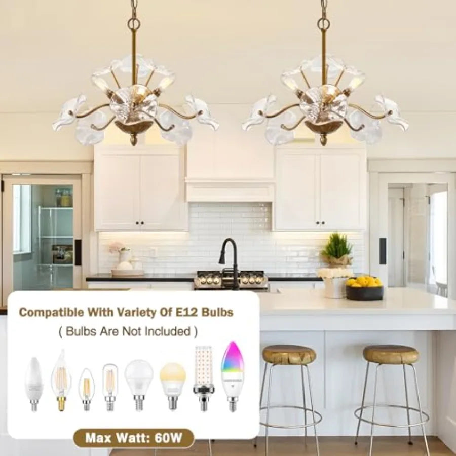 Flower Glass 6-Light Chandelier, Mid-Century Petal Shades — Brass, Black or Nickel