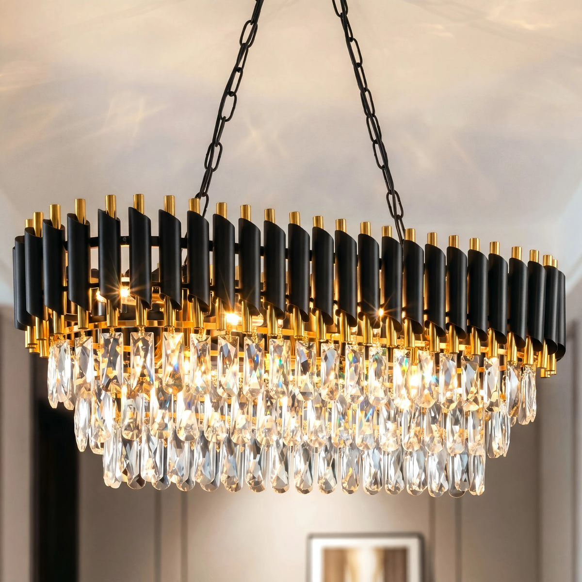 Black & Gold 3-Tier Oval Crystal Chandelier, 120 cm