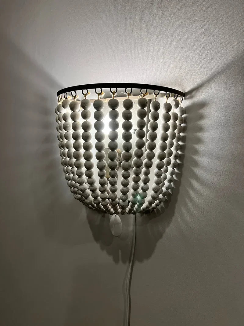 Wood Bead Wall Sconce, Boho Basket Shade