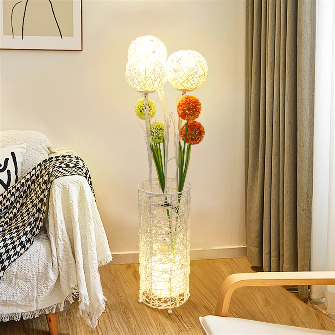 Rattan Floor Lamp, Tall Standing Lantern with Dandelion Flowers or Rattan Balls