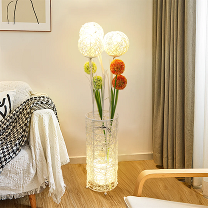 Rattan Floor Lamp, Tall Standing Lantern with Dandelion Flowers or Rattan Balls