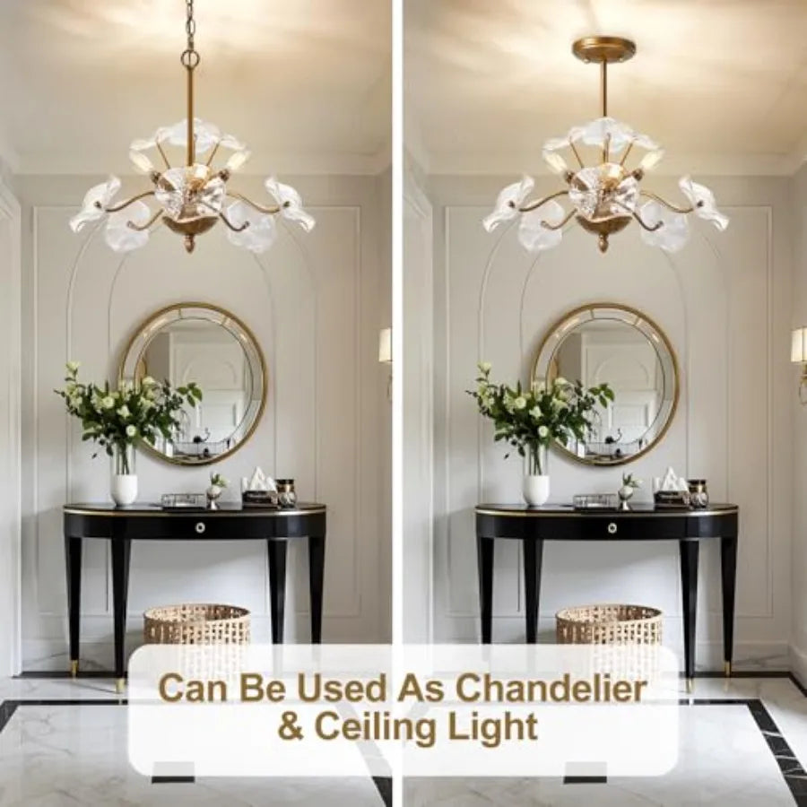 Flower Glass 6-Light Chandelier, Mid-Century Petal Shades — Brass, Black or Nickel