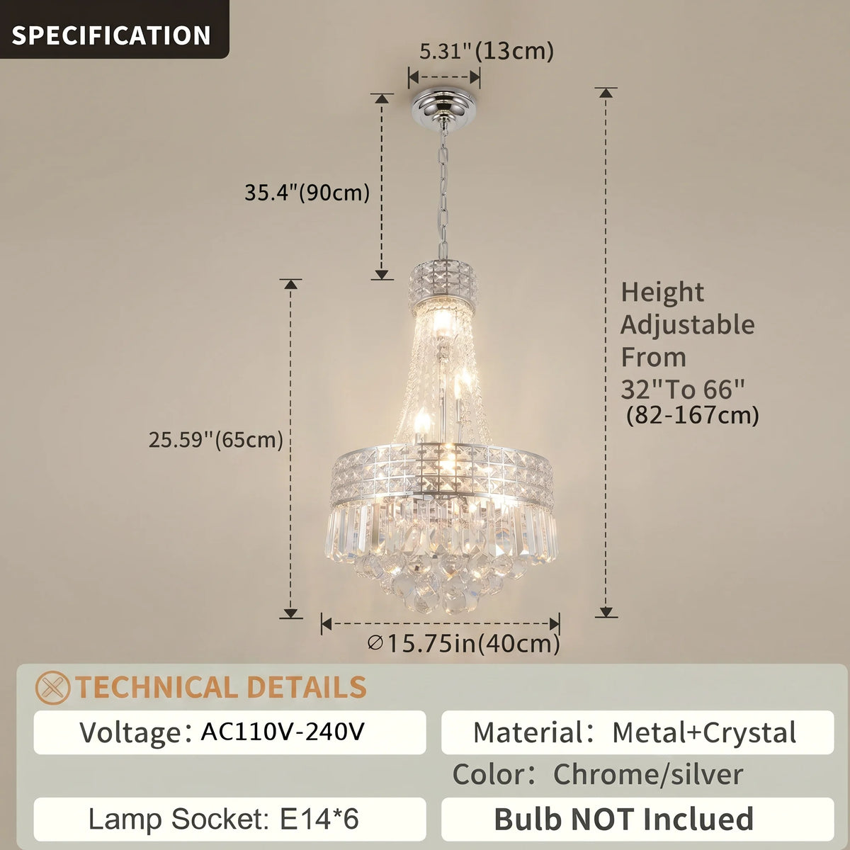 Chrome Crystal Empire Chandelier, 40 cm, Dimmable